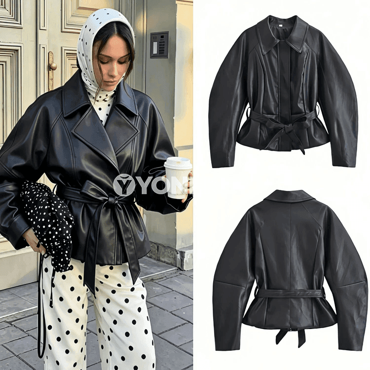 Aýal-gyzlar üçin moda belbogly gysga jacket, gara