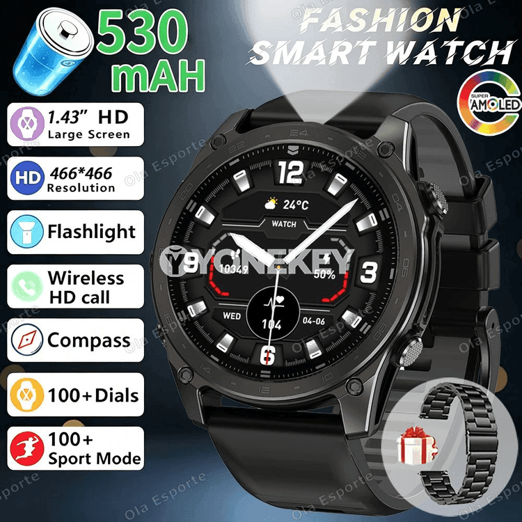 Harby görnüşli akylly sagat — 10ATM, 1.43" ekran, jaň we sport mümkinçilikli