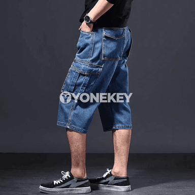 2025 ýazyndaky inçe erkek jeans şortigi, köp jübülü, rahat