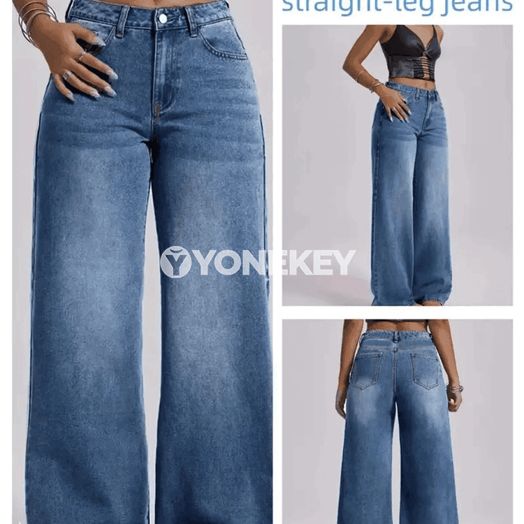 Zenanlar üçin giň balakly vintage jeans, ýokary belli, gündelik stil