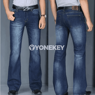 Erkekler üçin giň balaç jyns jalbar, klasiik flar görnüşli denim
