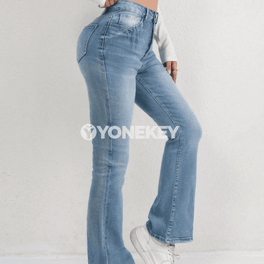 Zenanlar üçin giň kesimli açyk gök jeans, ýokary billi