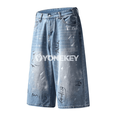Erkekler üçin giň kesimli denim şortik, nakyşly gündelik stil