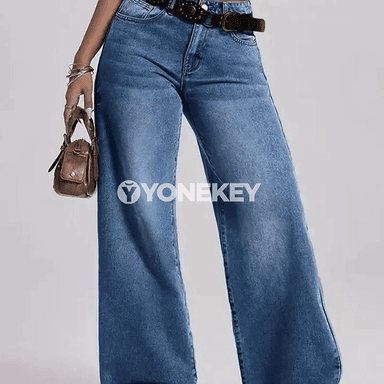 Zenanlar üçin giň balakly vintage jeans, ýokary belli, gündelik stil
