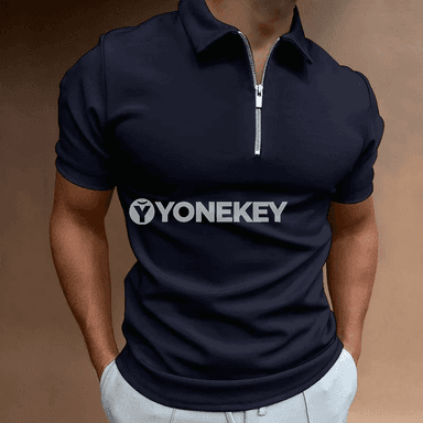 Erkekler üçin ýazlyk polo futbolka, gysga ýeňli, zip ýakaly