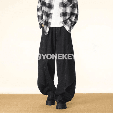 Erkekler üçin giň kesimli, ýokary billi denim jeans şortik
