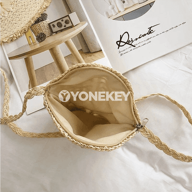Zenanlar üçin tegelek saman crossbody sumka, elde örülen boho stil