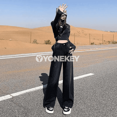 Zenanlar üçin giň balakly ýokary belli ýüplerli jeans
