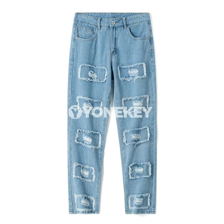 Erkekler üçin açyk gök giň kesimli ýyrtyk denim balak