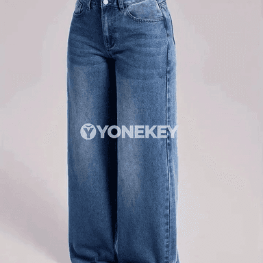 Zenanlar üçin giň balakly vintage jeans, ýokary belli, gündelik stil