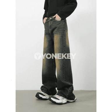 Erkekler üçin giň görnüşli vintaj denim jinsiler, göni kesim