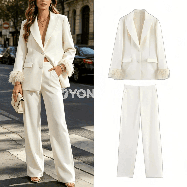 Zenanlaryň ýaz- güýz 2 bölek kostýumy: blazer we ýokary belli jalbar