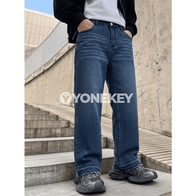 Erkekler üçin giň kesimli denim jalbar, rahat we klassiki stil