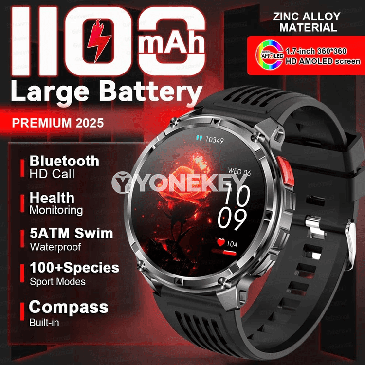 GUHUAVMI harby akylly sagat, 1100mAh, LED çyraly, Bluetooth jaňly