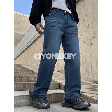 Erkekler üçin giň kesimli denim jalbar, rahat we klassiki stil