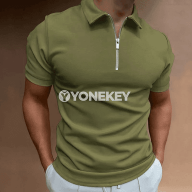 Erkekler üçin ýazlyk polo futbolka, gysga ýeňli, zip ýakaly