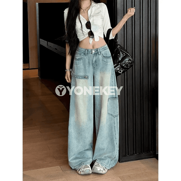 Zenanlar üçin ýokary belli barrel görnüşli giň jeans jalbar