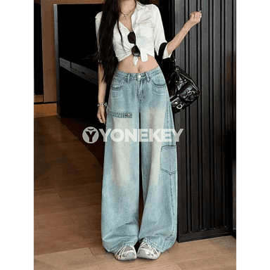Zenanlar üçin ýokary belli barrel görnüşli giň jeans jalbar