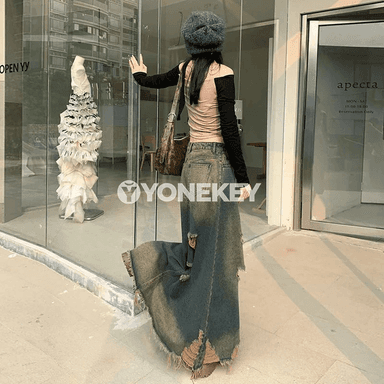 Zenanlar üçin ýokary belli uzyn denim yubka, döwrebap stil
