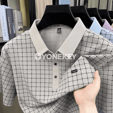 Erkekler üçin gysga ýeňli jacquard polo köýnek, ýeňil we rahat
