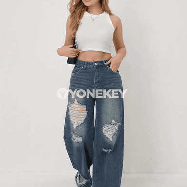 Aýallara ýokary billi giň balakly moda jinsiler, gündelik rahat stil