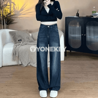 Aýal-gyzlar üçin giň balakly retro jeans, beýik we ýeňil stil
