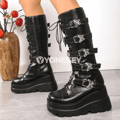 Zenanlar üçin punk görnüşli ýokary ökçeli platformaly tikinli etikler