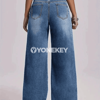 Zenanlar üçin giň balakly vintage jeans, ýokary belli, gündelik stil