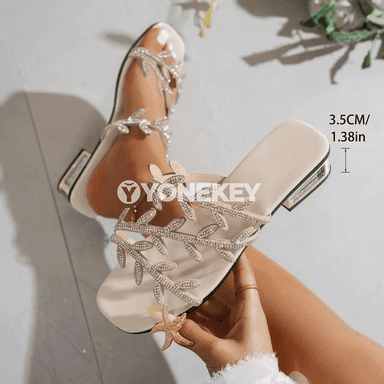 Zenanlar üçin ýazlyk blok ökjeli açyk uçly rhinestone sandallar