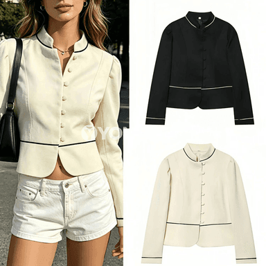Zenanlar üçin stilli slim blazer jaket, ýaz-tomus üçin gysga köýnekçe