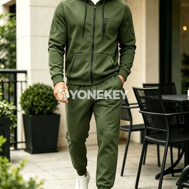 Erkekler üçin kapýuşonly sport kostýumy, zipli, ýeňil ýyly