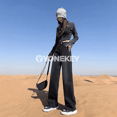 Zenanlar üçin giň balakly ýokary belli ýüplerli jeans