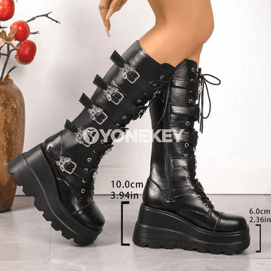 Zenanlar üçin punk görnüşli ýokary ökçeli platformaly tikinli etikler