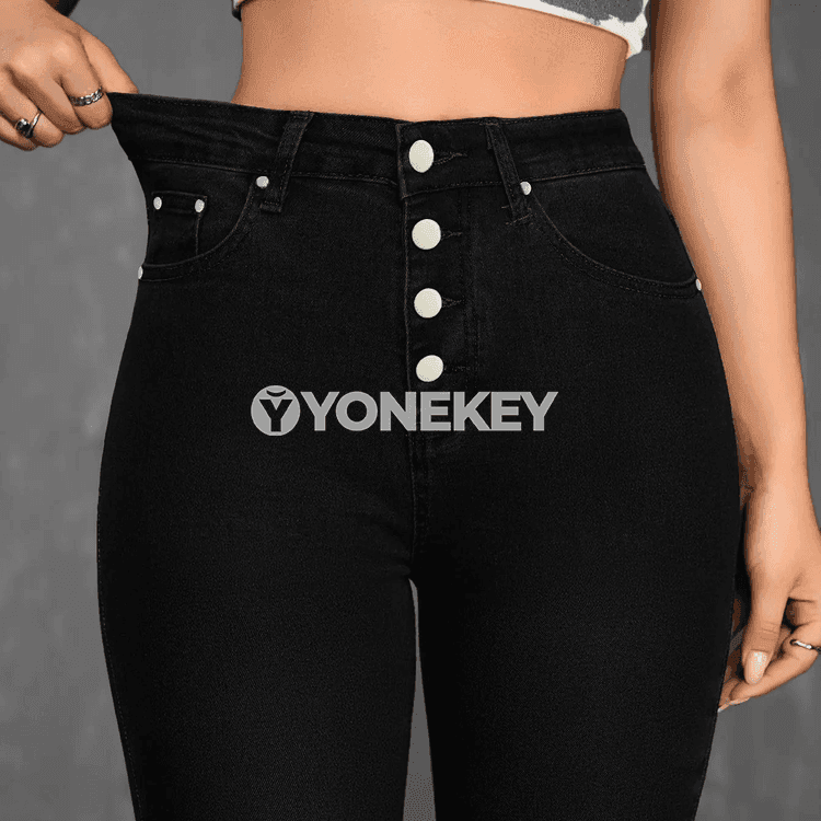 Aýallar üçin elastik gara jeans balak, ýokary rahatlykly klassik model