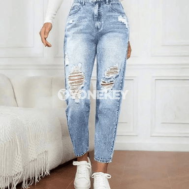 Zenanlar üçin slim jeans, döwükli, rahat streç mataly