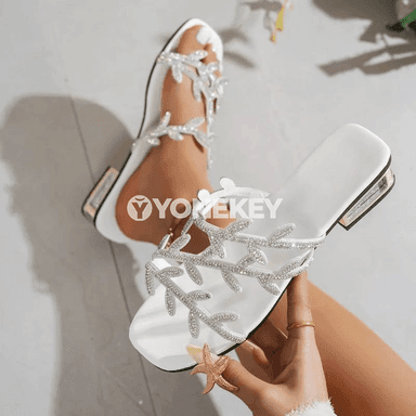 Zenanlar üçin ýazlyk blok ökjeli açyk uçly rhinestone sandallar