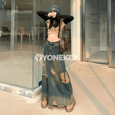 Zenanlar üçin ýokary belli uzyn denim yubka, döwrebap stil