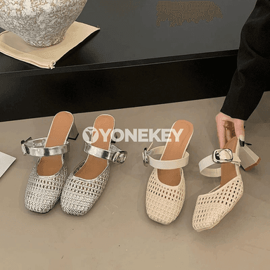 Zenanlar üçin ýazky inçe ökçeli örülen sandallar, sarykly