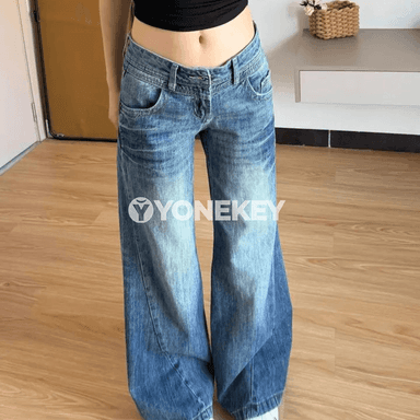 Aýal-gyzlar üçin giň balakly retro jeans, beýik we ýeňil stil