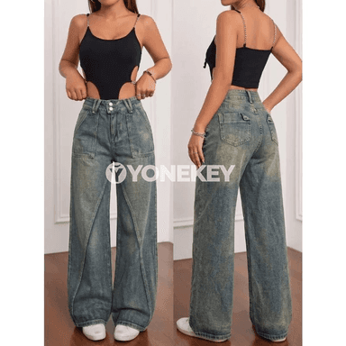 Zenanlar üçin giň düz denim balak, ýokary belli şäher stili