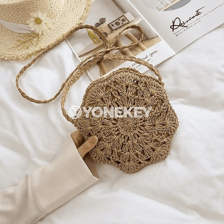 Zenanlar üçin tegelek saman crossbody sumka, elde örülen boho stil