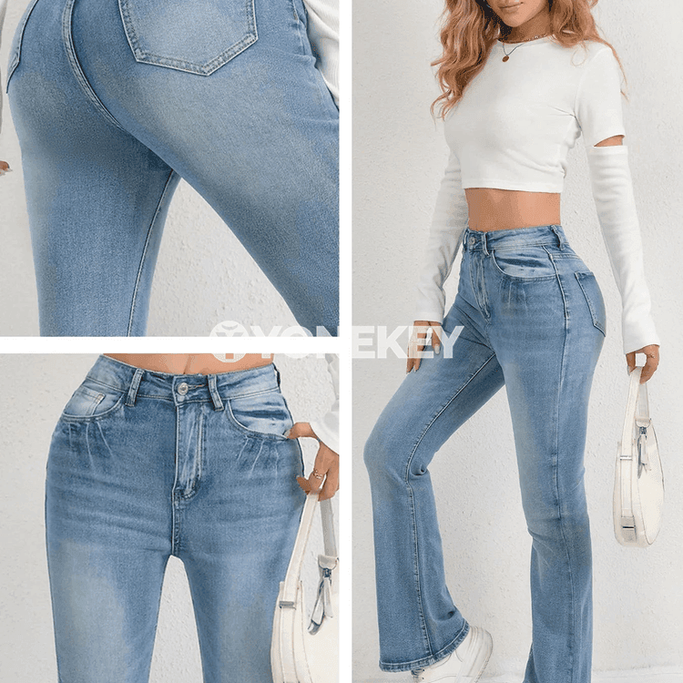 Zenanlar üçin giň kesimli açyk gök jeans, ýokary billi
