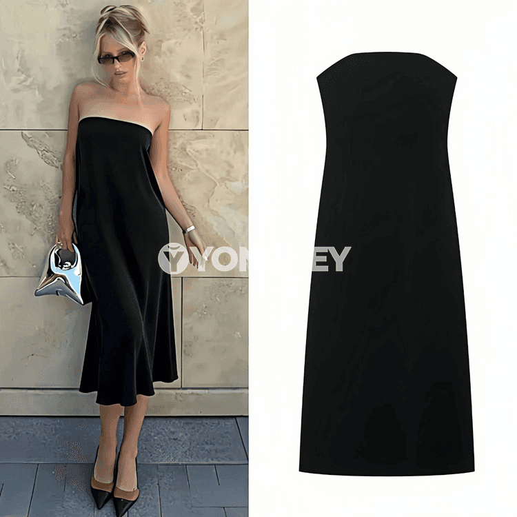 Zenanlar üçin ýeňil strapless midi köýnek, gündelik we ofis üçin