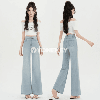 Zenanlar üçin giň balakly ýeňil gök vintage jeans