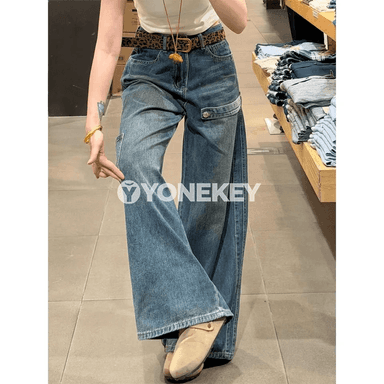 Zenanlar üçin ýokary belli barrel görnüşli giň jeans jalbar