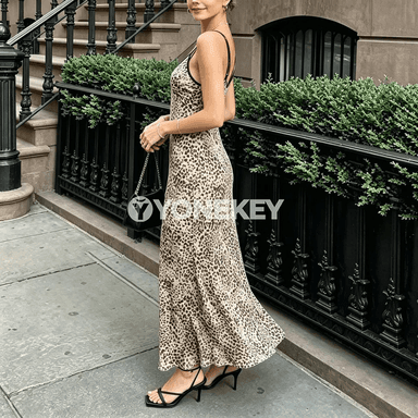 Leopard görnüşli halter boýunly midi köýnek, ýeňsiz