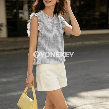 Zenanlar üçin ýeňil plaid ýeňsiz bluzka, şik ykjam stil