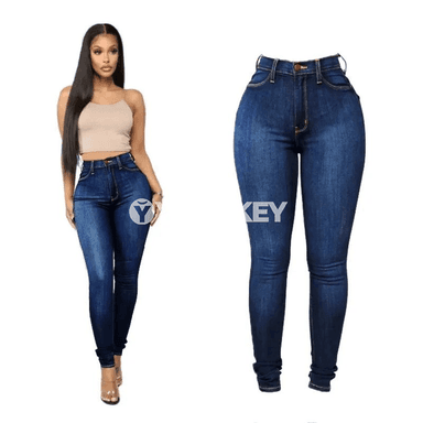 Zenanlar üçin ýokary giňelýän denim jalbar, uzyn, döwrebap kesimli