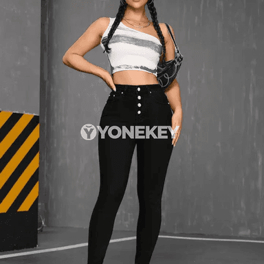 Aýallar üçin elastik gara jeans balak, ýokary rahatlykly klassik model