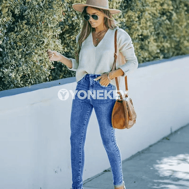 Zenanlar üçin ýokary giňelýän denim jalbar, uzyn, döwrebap kesimli